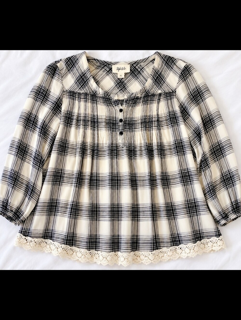 Style & Co. Black and Cream Plaid Peasant Blouse